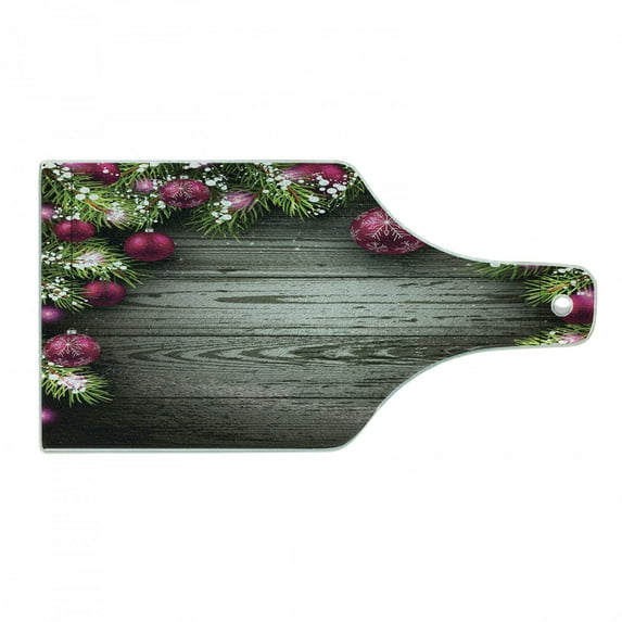 Christmas Cutting Board, Old Fashioned Concept with Twigs and Balls on Rustic Wood Vintage Design Print, Tempered Glass Cutting and Serving Board, Wine Bottle Shape, Brown Pink, by Ambesonne