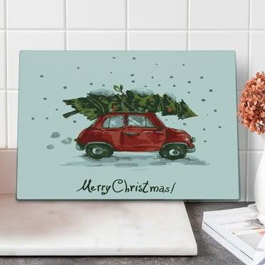 Christmas Cutting Board, Retro Style Car Xmas Tree Vintage Family Style Illustration Snowy Winter Art, Decorative Tempered Glass Cutting and Serving Board, Large Size, Green Vermilion, by Ambesonne