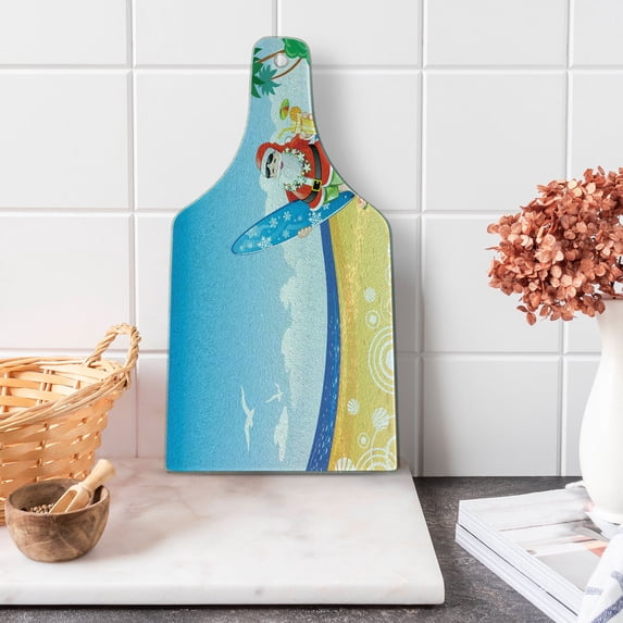 Christmas Cutting Board, Santa Claus on the Beach Surfboard Summer Party Celebration Tropical Art, Decorative Tempered Glass Cutting and Serving Board, Wine Bottle Shape, Blue Yellow, by Ambesonne