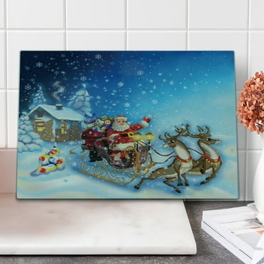 Christmas Cutting Board, Santa in Sleigh Reindeer and Toys Snowy North Pole Tale Fantasy Image, Decorative Tempered Glass Cutting and Serving Board, Large Size, Navy Blue, by Ambesonne
