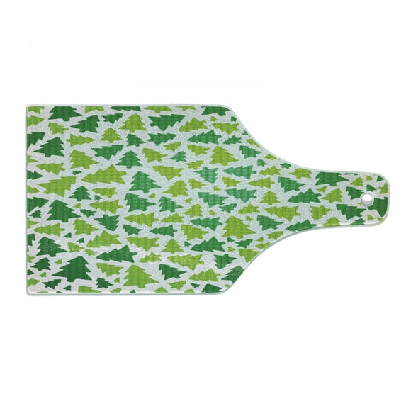 Christmas Cutting Board, Simplistic Fir Pine Tree Silhouettes with Checkered Pattern, Decorative Tempered Glass Cutting and Serving Board, Wine Bottle Shape, Apple Green Fern Green, by Ambesonne
