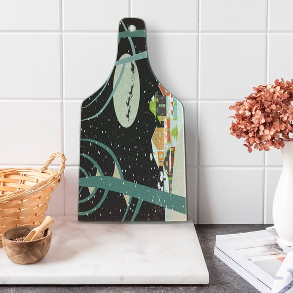 Christmas Cutting Board, Small Town Snowing Winter Flying Santa with Deer Silhouette Full Moon Image, Decorative Tempered Glass Cutting and Serving Board, in 3 Sizes, by Ambesonne