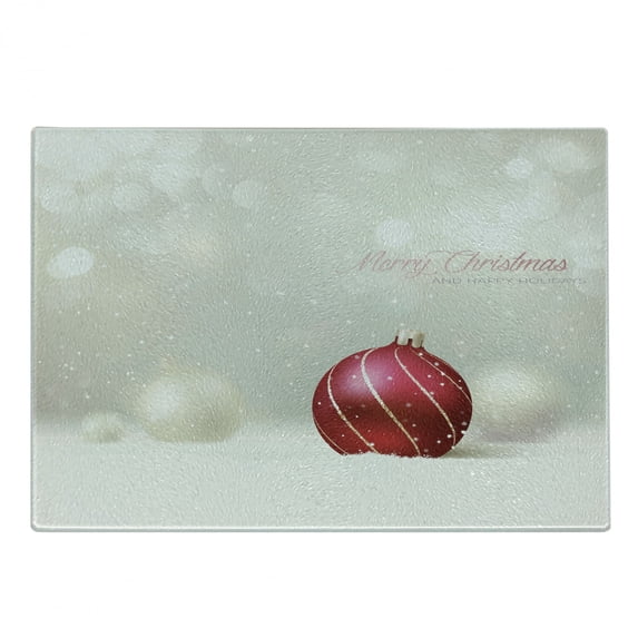 Christmas Cutting Board, Snow Effect Background Bauble with Curved Lines Xmas Trinket Happy Holidays, Decorative Tempered Glass Cutting and Serving Board, Small Size, Ruby Eggshell, by Ambesonne