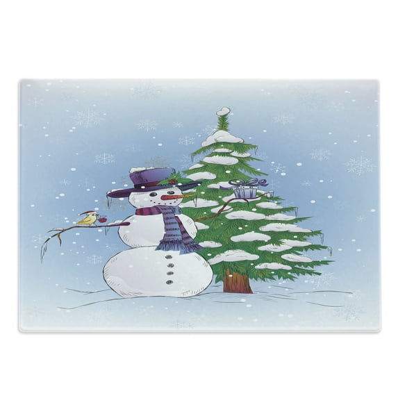 Christmas Cutting Board, Snowman in the Winter Mistletoe Present Top Hat and Scarf Tree and Bird, Decorative Tempered Glass Cutting and Serving Board, Large Size, Blue Green, by Ambesonne