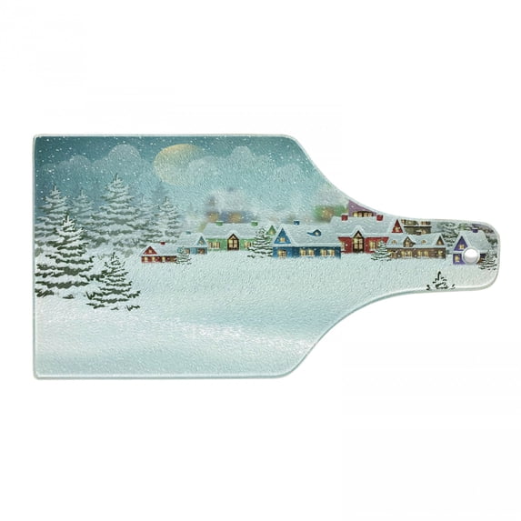 Christmas Cutting Board, Village Under Snow Winter Holiday Season Pine Forest, Decorative Tempered Glass Cutting and Serving Board, in 3 Sizes, by Ambesonne