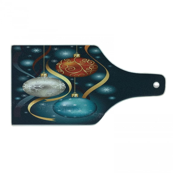 Christmas Cutting Board, Vivid Classical Baubles with Ribbons and Different Patterns Abstract, Tempered Glass Cutting and Serving Board, Wine Bottle Shape, Petrol Blue Grey Red, by Ambesonne