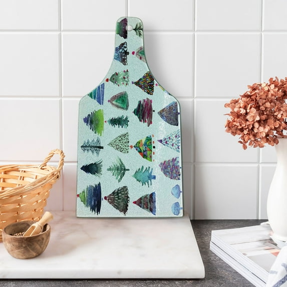 Christmas Cutting Board, Watercolor Christmas Theme Fir Trees Abstract Silhouettes Illustration, Decorative Tempered Glass Cutting and Serving Board, Wine Bottle Shape, Multicolor, by Ambesonne