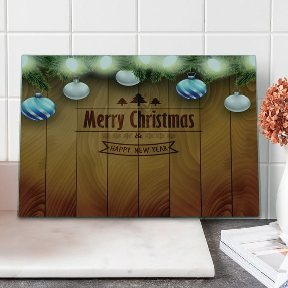 Christmas Cutting Board, Wooden Setting with Grey Balls Setting and Pine Tree Twigs Wishes Theme, Decorative Tempered Glass Cutting and Serving Board, Large Size, Brown, by Ambesonne