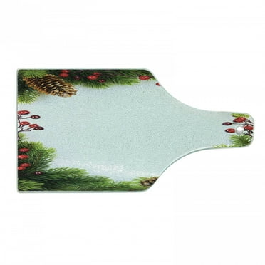 Christmas Cutting Board, Xmas Frame with Holly Berry Pine Cone Natural Wreath Traditional Composition, Tempered Glass Cutting and Serving Board, Wine Bottle Shape, Green Brown Red, by Ambesonne