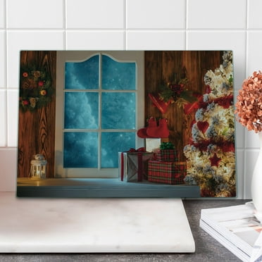 Christmas Cutting Board, Xmas Scenery in House with Frozen Window Traditional Annual Design, Decorative Tempered Glass Cutting and Serving Board, Large Size, Red Blue, by Ambesonne