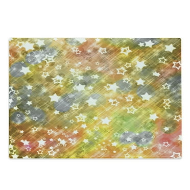 Christmas Cutting Board, Xmas Themed Grunge Design with Stars Snowflakes Blurry Happy Holiday Yuletide, Decorative Tempered Glass Cutting and Serving Board, Large Size, Multicolor, by Ambesonne