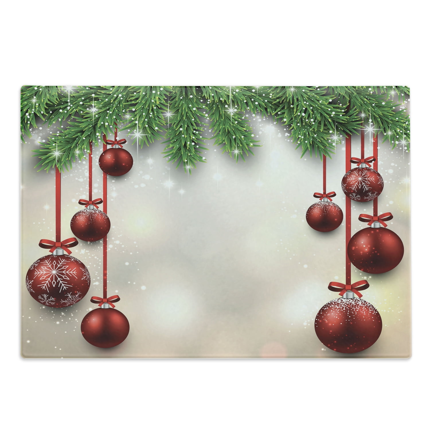 Large Rectangular Christmas Glass Cutting Board with Red Ornaments