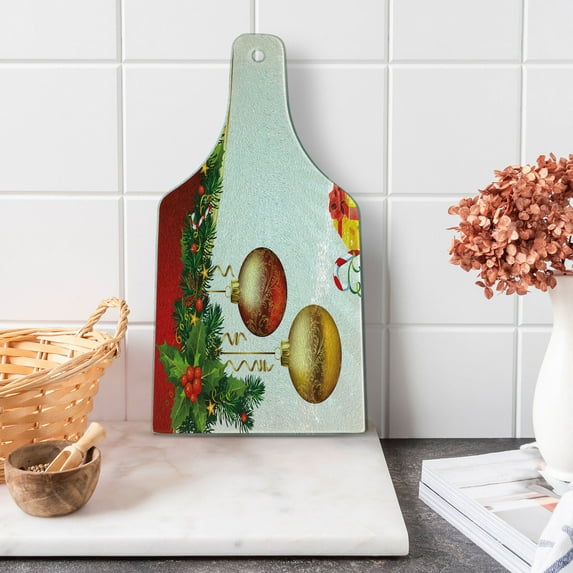 Christmas Cutting Board, Yule Eve Balls Baubles Ribbon Present Boxes Fir Tree Greeting Celebration Theme, Tempered Glass Cutting and Serving Board, Wine Bottle Shape, Multicolor, by Ambesonne