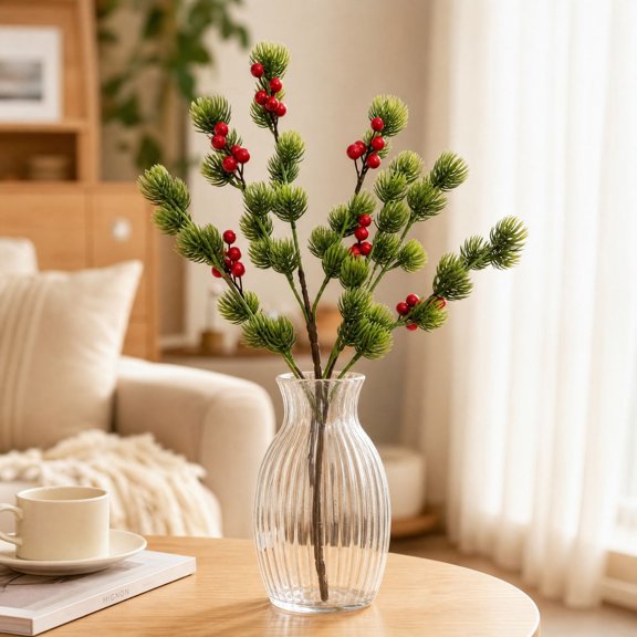 Christmas Cuttings Decoration, Artificial Pine Branches with Red Fruit, 19.7 Inch Holiday Decor for Indoor Home, Table, Party
