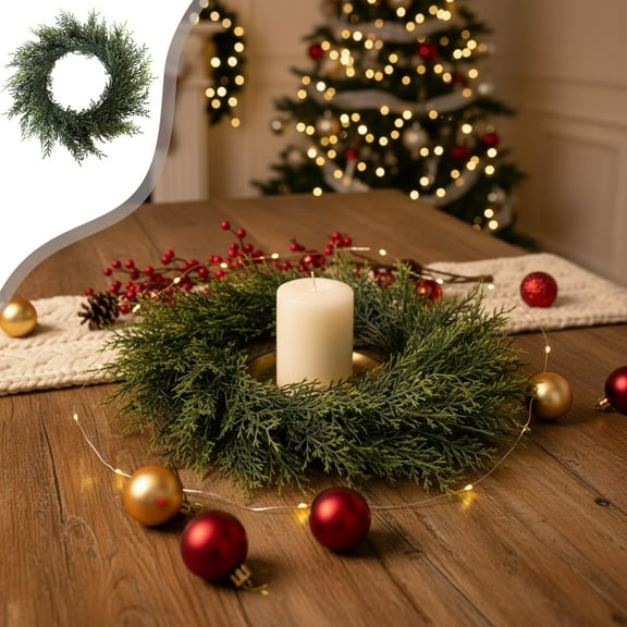 Christmas Cypress Leaf Wreath 11.8in Green Realistic Simulated Plastic Door Wall Table Centerpiece Pair Red Berry Gold Ball Environmental Safe Long-Lasting Home Decor Gift