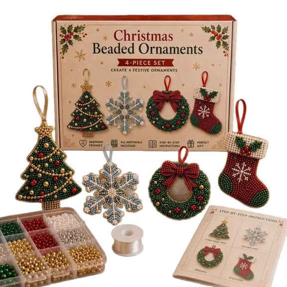 Christmas DIY Beaded Ornament Kit, 4 Styles Xmas Tree Bead Craft Set with Tree&Snowflake&Wreath&Stocking, Beginner Handmade Hanging Decor for Holiday Family Activity