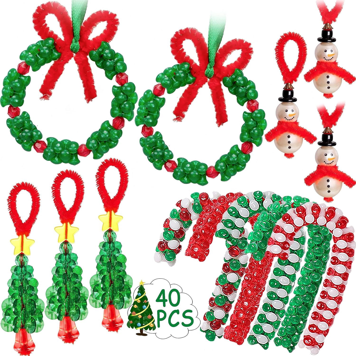 Christmas DIY Bead Ornament Craft Kit (Ages 6+), 40 Pcs Wreath Candy Cane Snowman Xmas Decorations, Holiday Crafts Supplies with Choking Hazard Warning