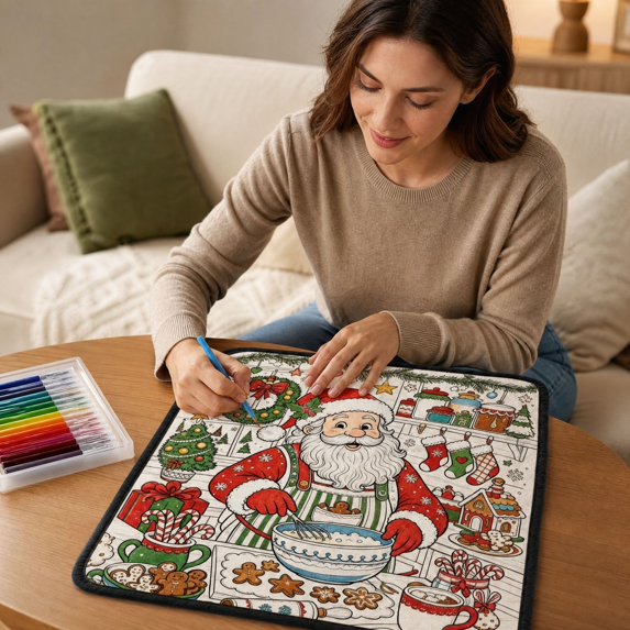 Christmas DIY Coloring Throw Blanket, Santa Baking Line Art with 24 Markers, Holiday Craft Blanket
