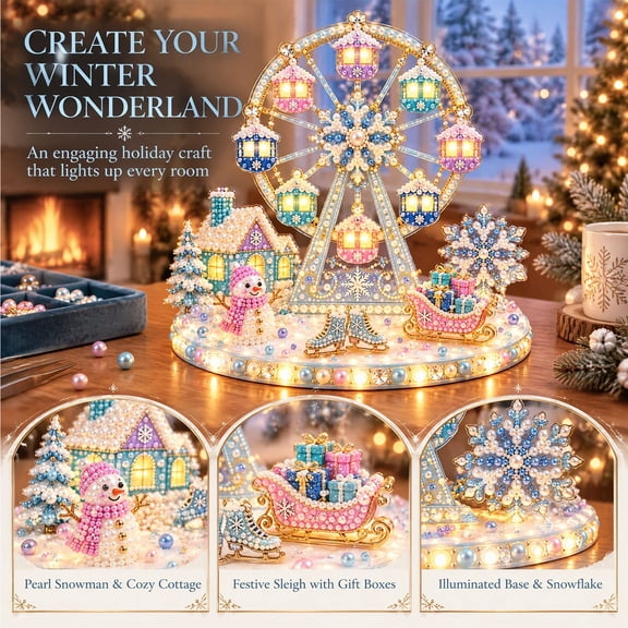 Christmas DIY Crystal Art Kit, 1 Pack Plastic Beads with Warm LED Light Base and Rainbow Rhinestones, for Tabletop Display, Mantel and Desk, Winter Ferris Wheel - D