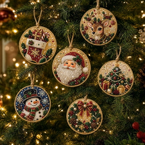 Christmas DIY Diamond Art Hanging Ornaments, 6-Piece Christmas Craft Kit with Sparkling Tree Pendants for Holiday Home Decor and Handmade Gifts