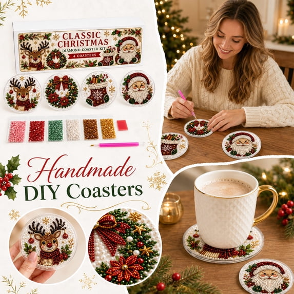 Christmas DIY Diamond Painting Coaster Kit 4 Pack Classic Holiday Rhinestone Art Set with Tools Easy Home Table Decor Gift for Adults Kids