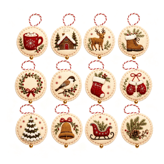 Christmas DIY Embroidery Kit Ornament Set with 12 Holiday Hanging Patterns Felt Needlework Craft Kit for Adults, (Style A)