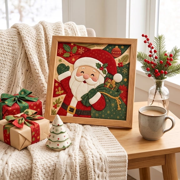 Christmas DIY Fabric Poke Art Decorations Kit with Wooden Frame for Adults No-Sew,Wall Art Craft for Holiday Decoration, Creative Xmas Gift for Adults