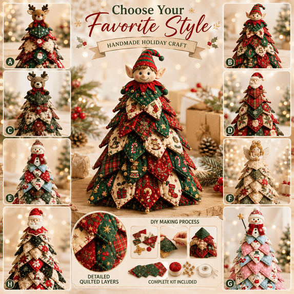 Christmas DIY Quilted Fabric Tree Craft Kit, Beginner Friendly Holiday Patchwork Sewing Set, 3D Handmade Tabletop Decoration for Home, Office and Gift Giving