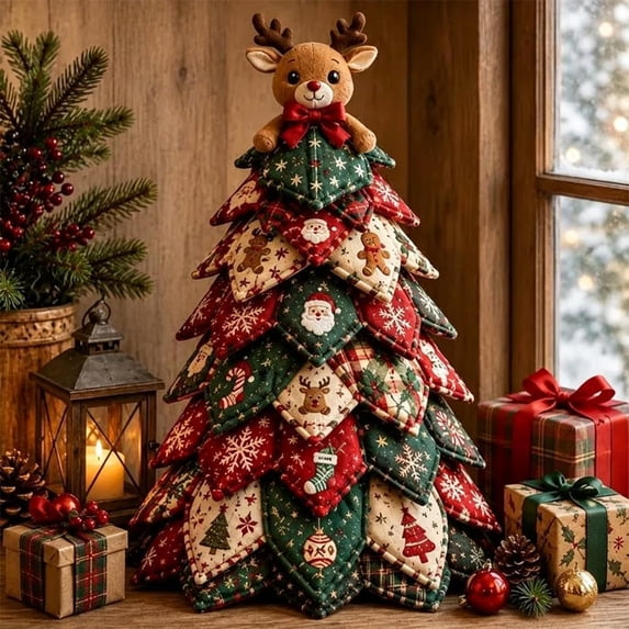 Christmas DIY Quilted Fabric Tree Kit, Beginner-Friendly Patchwork Craft Set with Pre-Cut Pieces, Tabletop Holiday Decor for Mantel Office