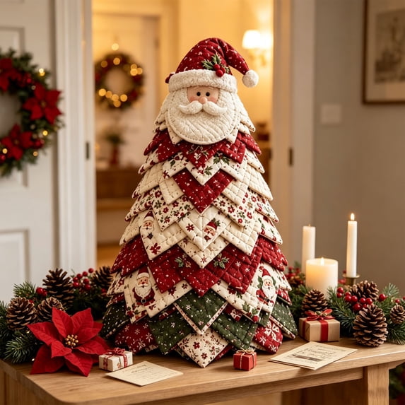 Christmas DIY Quilted Tree Tabletop Decor Hand Stitched Fabric Patchwork Xmas Tree Ornament Vintage Holiday Decoration for Home Mantel Shelf Countertop Christmas Party Display