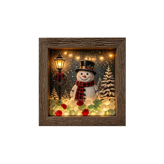 Christmas DIY Sea Glass Night Light Box Lamp, 8.46x8.46x1.46 Inch, Wooden Frame With 3 Switchable Themes, Battery‑Operated Wire‑Free Tabletop Mantel Decor, Gift For DIY Lovers, 1 Count