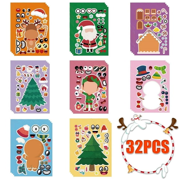 Christmas DIY Stickers Xmas Party Games Sticker Santa Stickers for Christmas Party Gift 32 Sheets