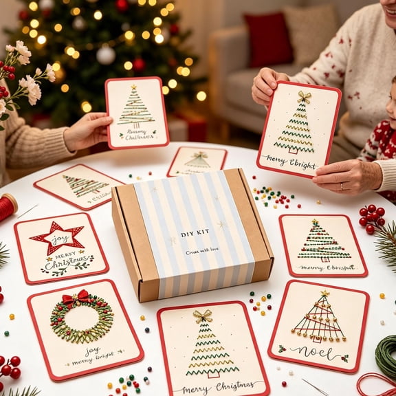 Christmas DIY Threading Greeting Card Kit, 6-Piece Handmade Embroidery Christmas Tree Cards with Printed Stitching Patterns, Holiday Craft Activity for Kids, Adults, Seniors & Beginners