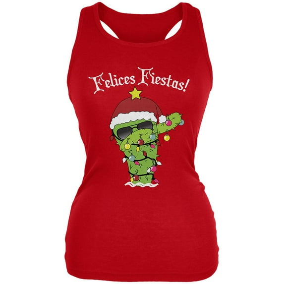 Christmas Dabbing Cactus Felices Fiestas Happy Holidays Juniors Soft Tank Top Red X-LG