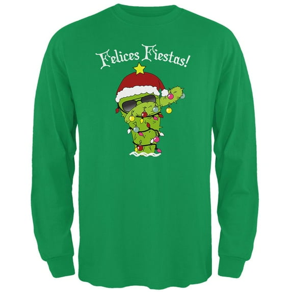 Christmas Dabbing Cactus Felices Fiestas Happy Holidays Mens Long Sleeve T Shirt Irish Green LG