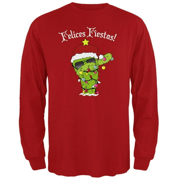 Christmas Dabbing Cactus Felices Fiestas Happy Holidays Mens Long Sleeve T Shirt Red 3X-LG