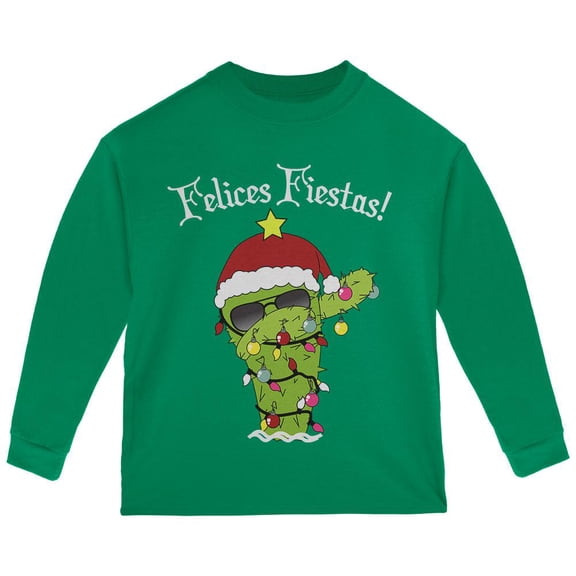 Christmas Dabbing Cactus Felices Fiestas Happy Holidays Toddler Long Sleeve T Shirt Green 2T