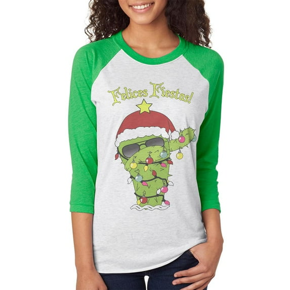 Christmas Dabbing Cactus Felices Fiestas Happy Holidays Unisex Raglan T Shirt Irish Green LG