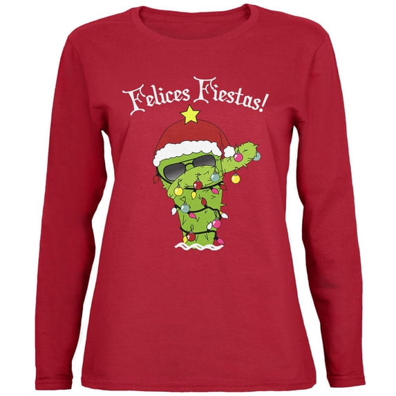 Christmas Dabbing Cactus Felices Fiestas Happy Holidays Womens Long Sleeve T Shirt Red SM