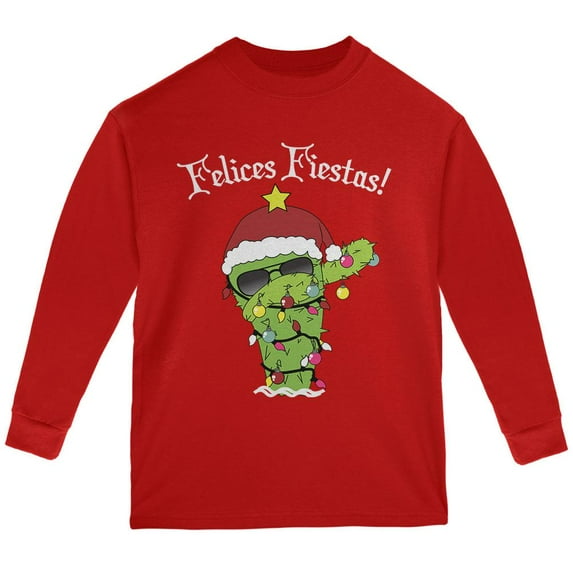 Christmas Dabbing Cactus Felices Fiestas Happy Holidays Youth Long Sleeve T Shirt Red YMD