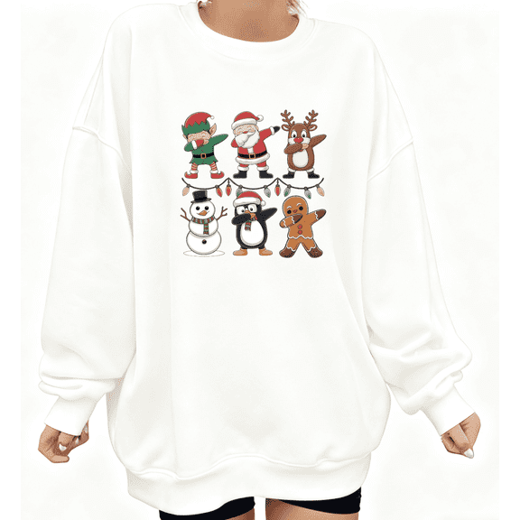 Christmas Dabbing Santa Elf Graphic Tee T-Shirt Top Print Breathable Round-neck long-sleeved white S-3XL