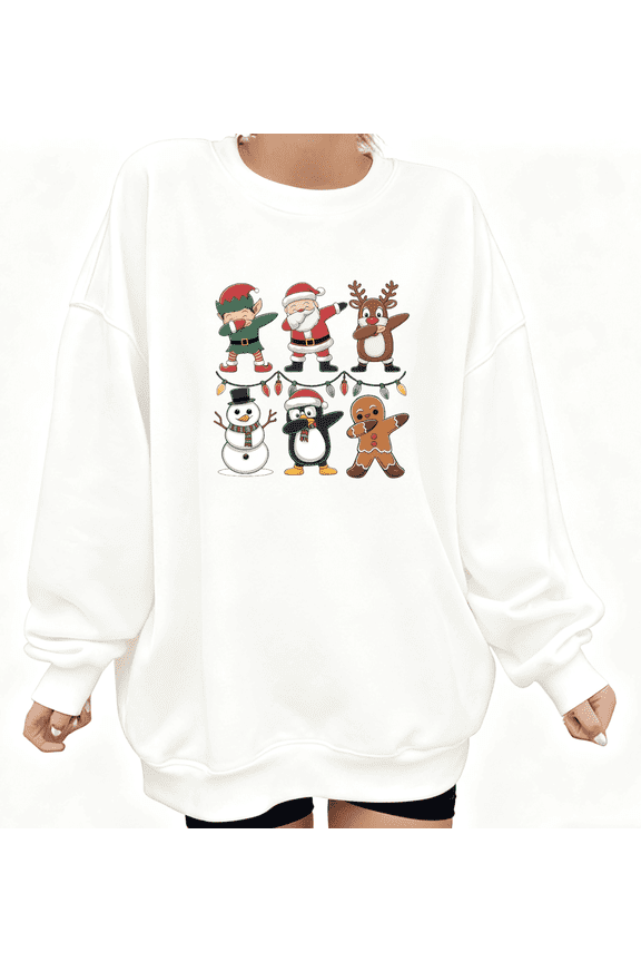 Christmas Dabbing Santa Elf Graphic Tee T-Shirt Top Print Breathable Round-neck long-sleeved white S-3XL