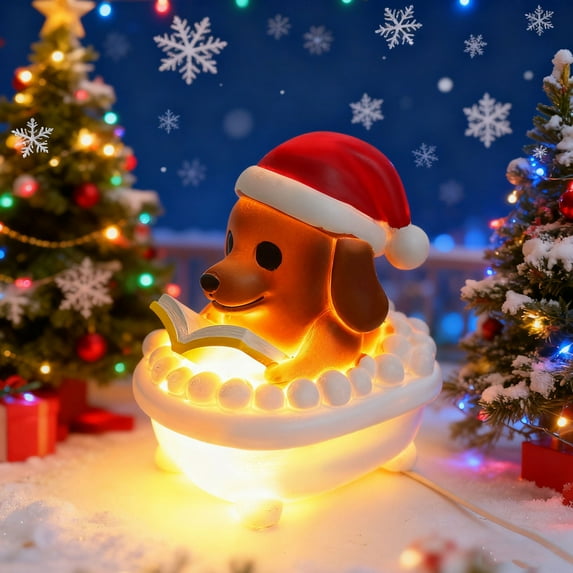Christmas Dachshúnd_Reading A Book Bubble Bath Lamp, 3D Cute Bathtub Night Light Desktop Decor, Handmade Resin Sculpture Light Up Decorations ,A