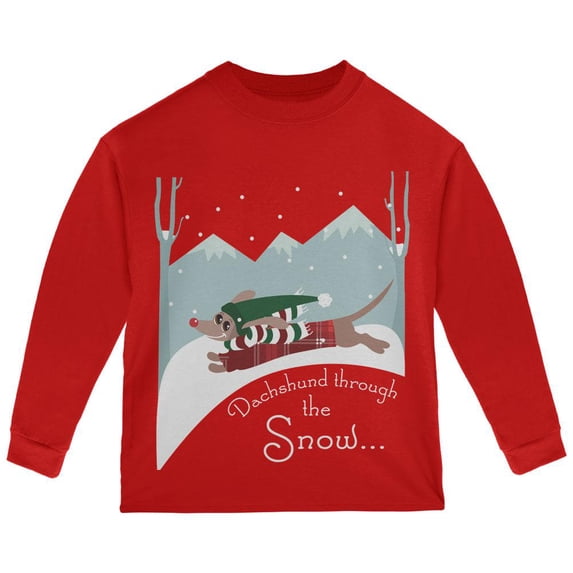 Christmas Dachshund Dashing Through the Snow Toddler Long Sleeve T Shirt Red 4T