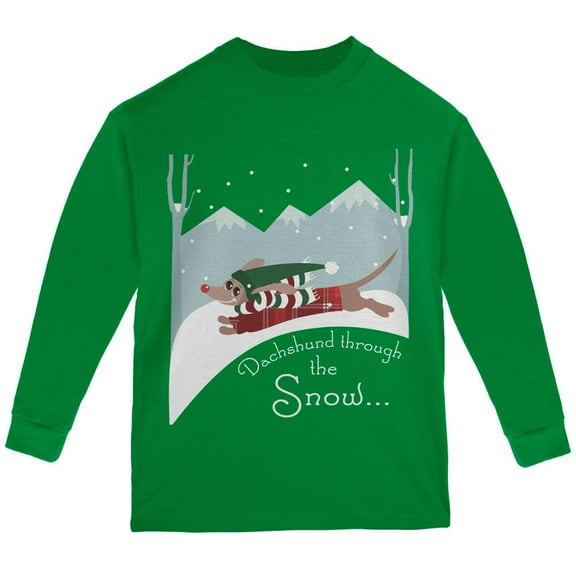 Christmas Dachshund Dashing Through the Snow Youth Long Sleeve T Shirt Green YMD