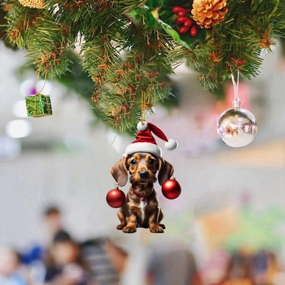 Christmas Dachshund Dog Ornaments 2D Acrylic Hanging Decorations, Cute Sausage Dog Tree Pendant for Holiday Party Home Decor, Funny Animal Car Interior Wall Gift, Winter Xmas Decor