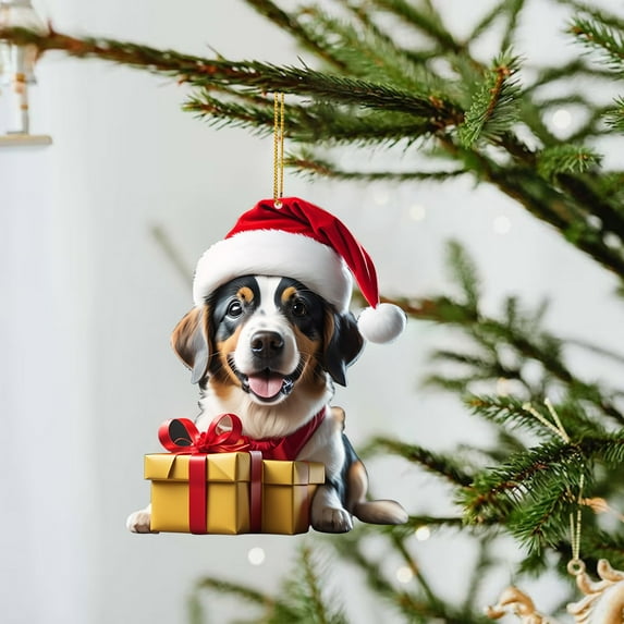 Christmas Dachshund Dog Ornaments 2D Acrylic Hanging Decorations, Cute Sausage Dog Tree Pendant for Holiday Party Home Decor, Funny Animal Car Interior Wall Gift, Winter Xmas Decor