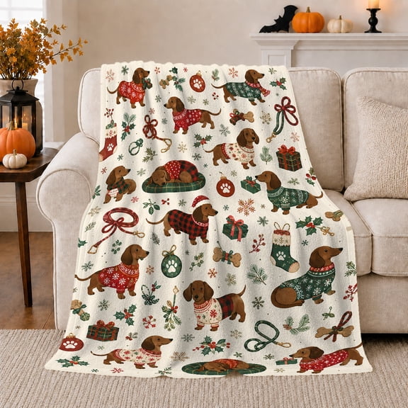 Christmas Dachshund Holiday Sweater Dogs, Playful Pet Portrait Pattern, Warm Flannel Blanket for Living Room and Reading Nook, Dog Lovers Christmas Gift, Pet Lover Home Decor
