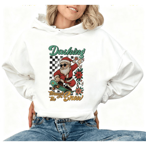Christmas Dashing Through Snow Skate Santa Graphic Trendy Tee T-Shirt Print Top Hooded long-sleeved White S-2XL
