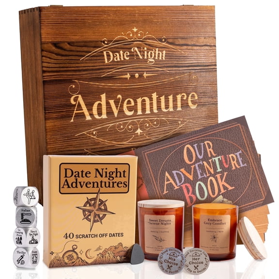 Anniversary Gifts for Him or Her Date Night Adventure Gift Box -Scratch-Off Date Ideas for Girlfriend, Boyfriend, Vanilla and Lavender Candles, Decision Coin & Dice